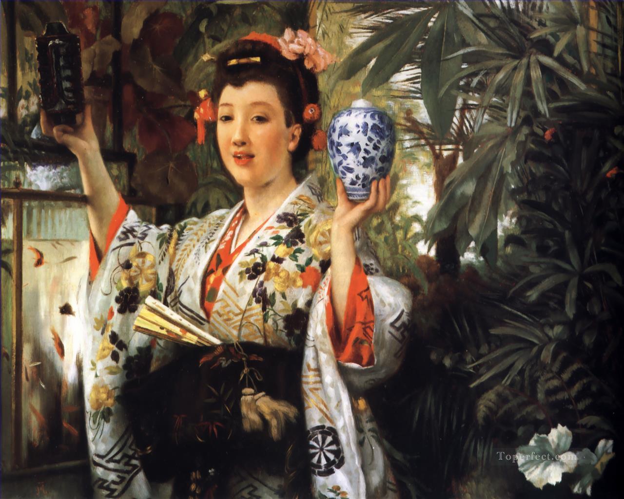日本の物を持つ若い女性 ジェームス・ジャック・ジョゼフ・ティソ油絵